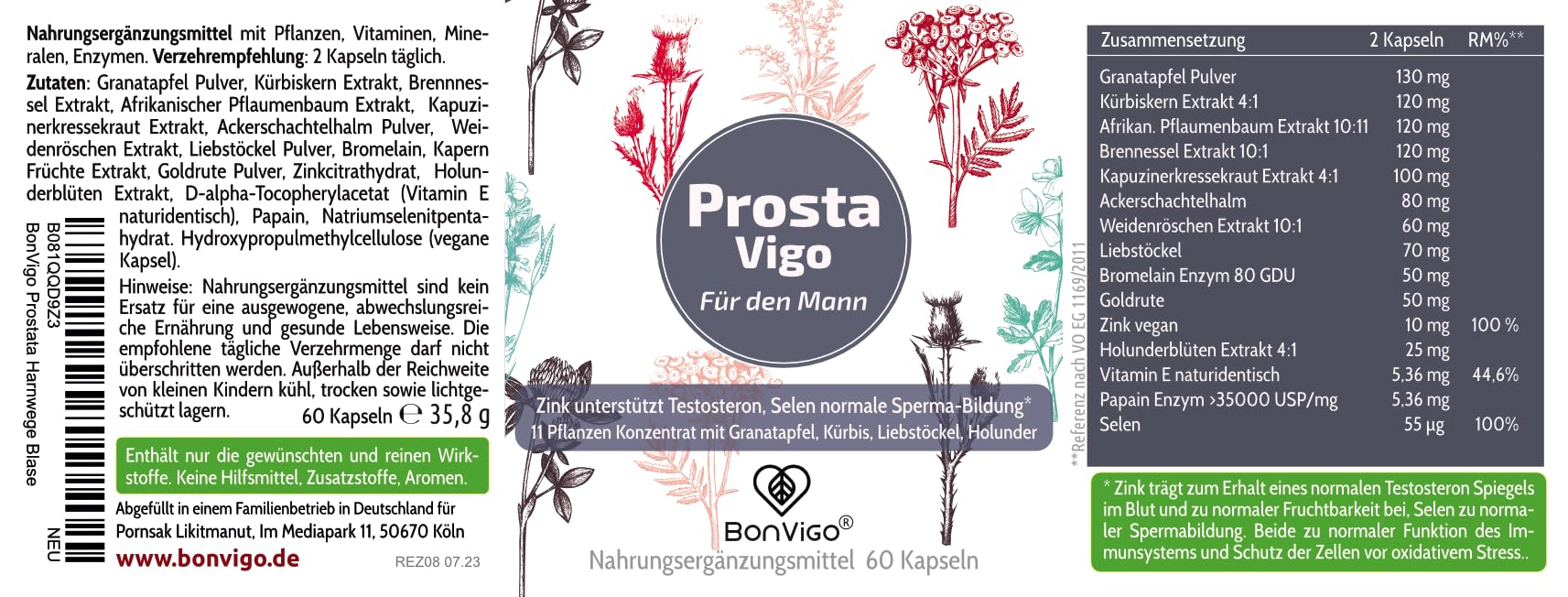 ProstaVigo Kapseln für den Mann – 10 Pflanzen Konzentrat mit Kürbiskern, Sägepalme & Weidenröschen – Zink & Selen unterstützen Testosteronspiegel & Fruchtbarkeit – 120 Kapseln