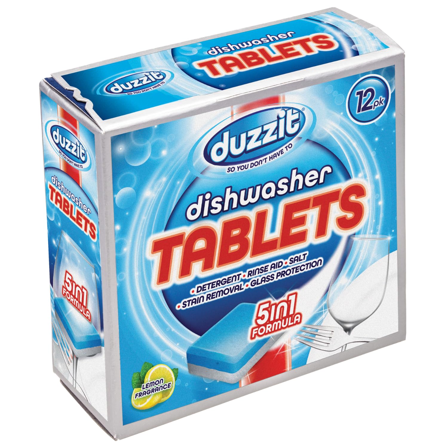Duzzit Dishwasher Tablets - 5 In 1 Action (Detergent, Rinse Aid, Salt, Stain Removal & Glass Protection) | Removes Stains & Grease (Lemon, 12 Dishwasher Tablets)