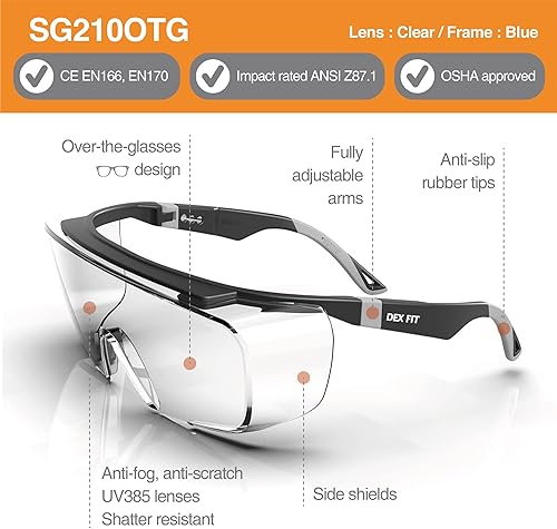 Miniatura 2 de DEX FIT Gafas de trabajo de seguridad SG210 OTG Z87 Protección ocular para hombres y mujeres, resistente a la niebla y a los arañazos, ajustable,