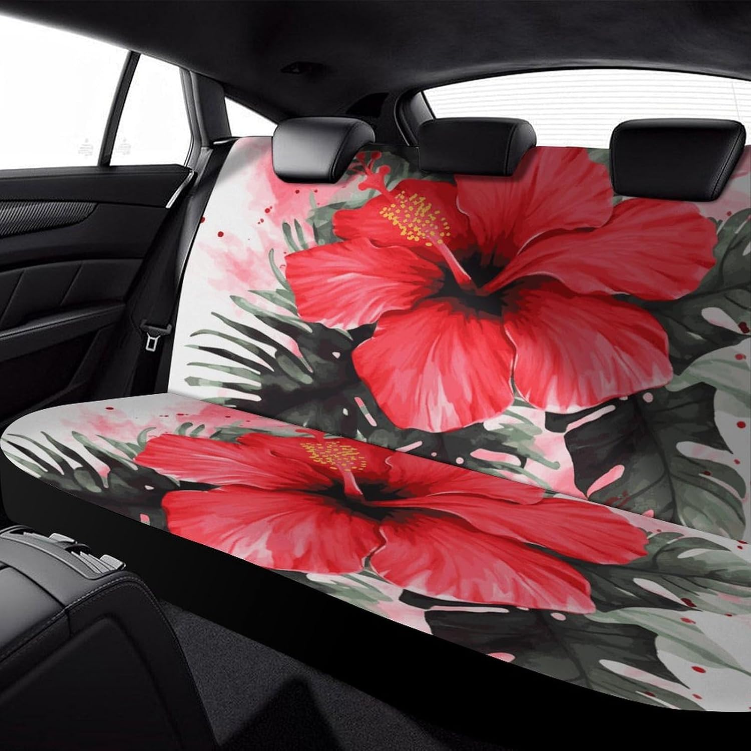 レッドハイビスカスカーリアシートカバー バックシートカバー ネオプレン 車 リアベンチシートカバー 防水 カーシー 【防塵】