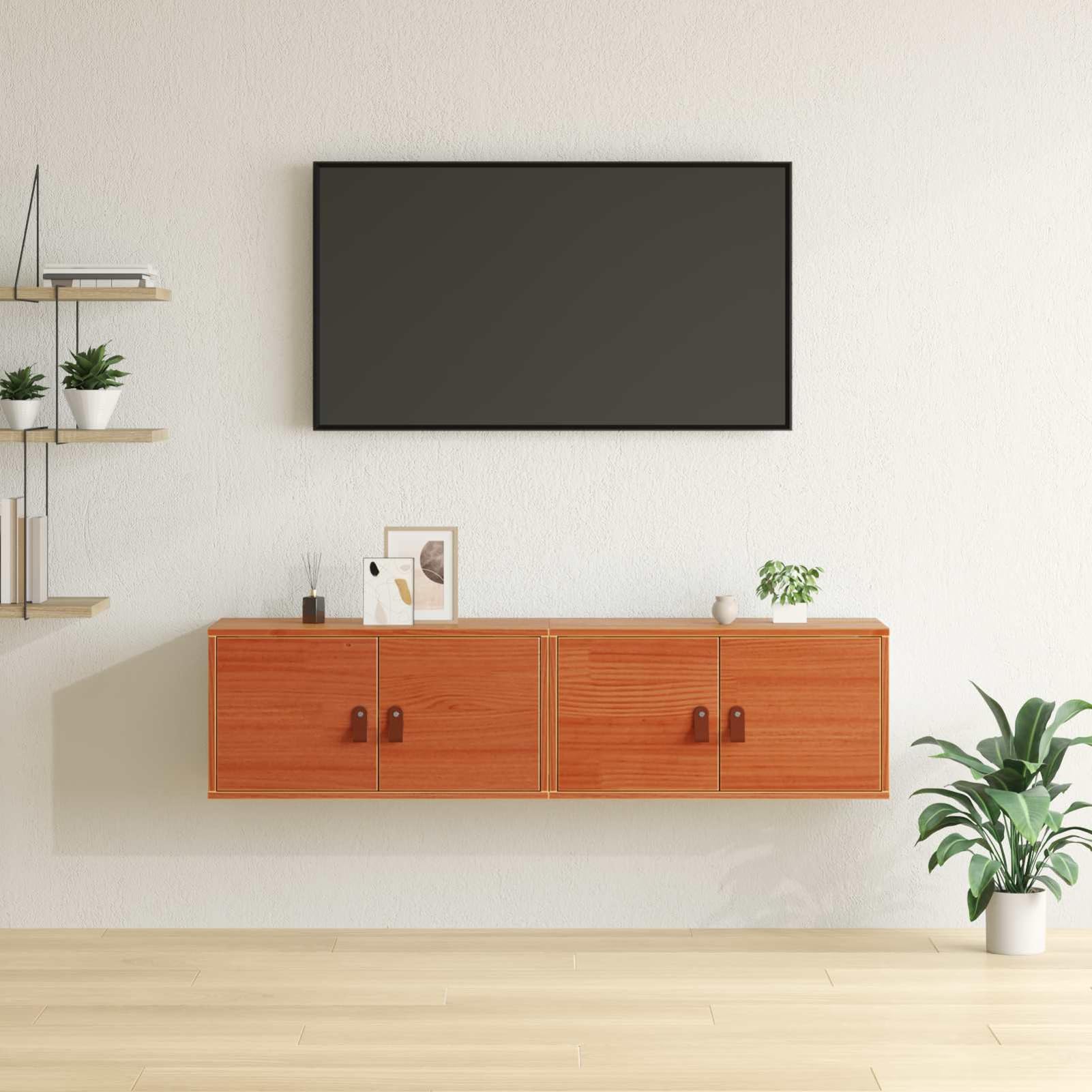Armadio da parete con mensola, 60 x 30 x 30 cm, in legno di pino massiccio, marrone cera, 2 pezzi, per camera da letto e soggiorno