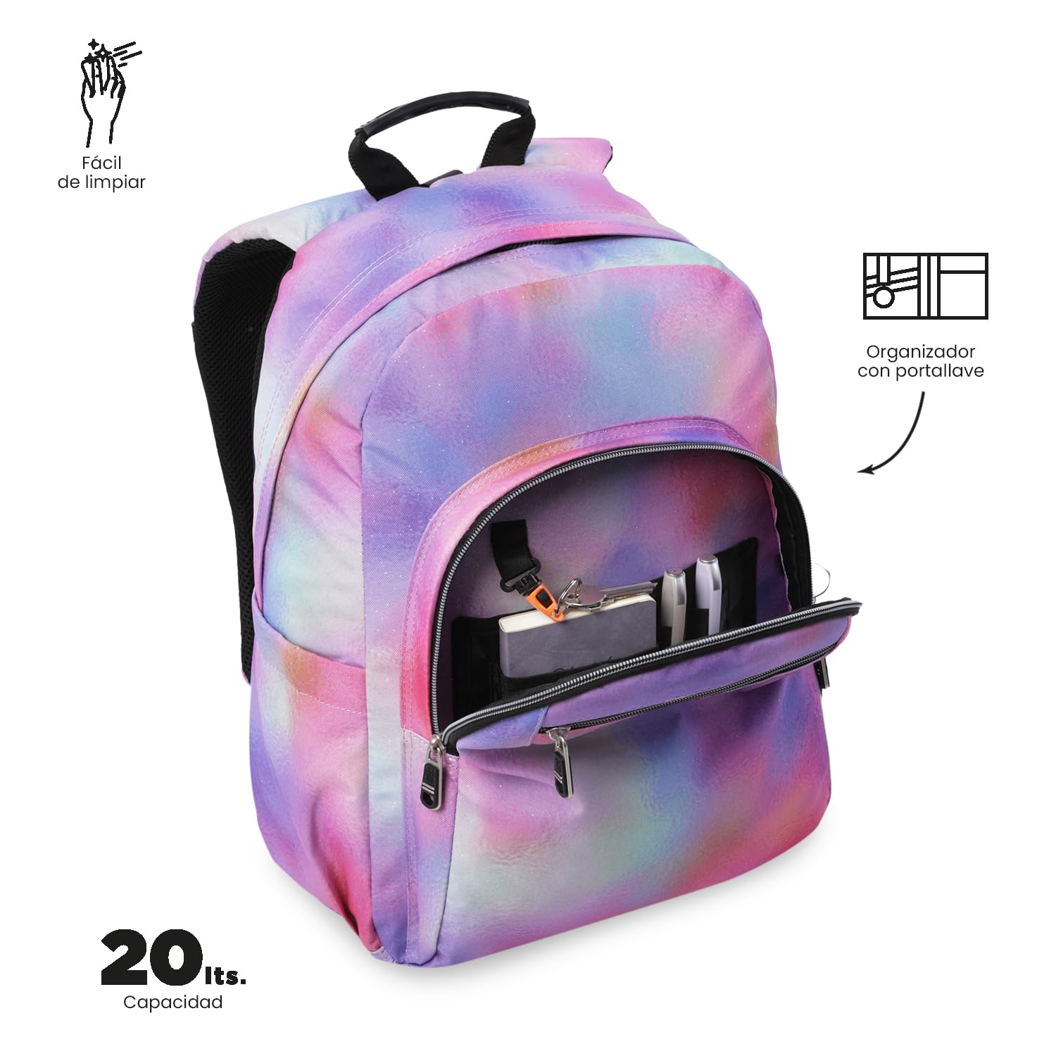 TOTTO - Mochila Escolar Adaptable a Carro, Modelo Acuareles Glitter, Capacidad 20 L, Bolsillo para Pc 14", 2 Bolsillo Botella, Espaldar Ergonómico con Flujo de Aire, Correas en S, Estampado Bloom