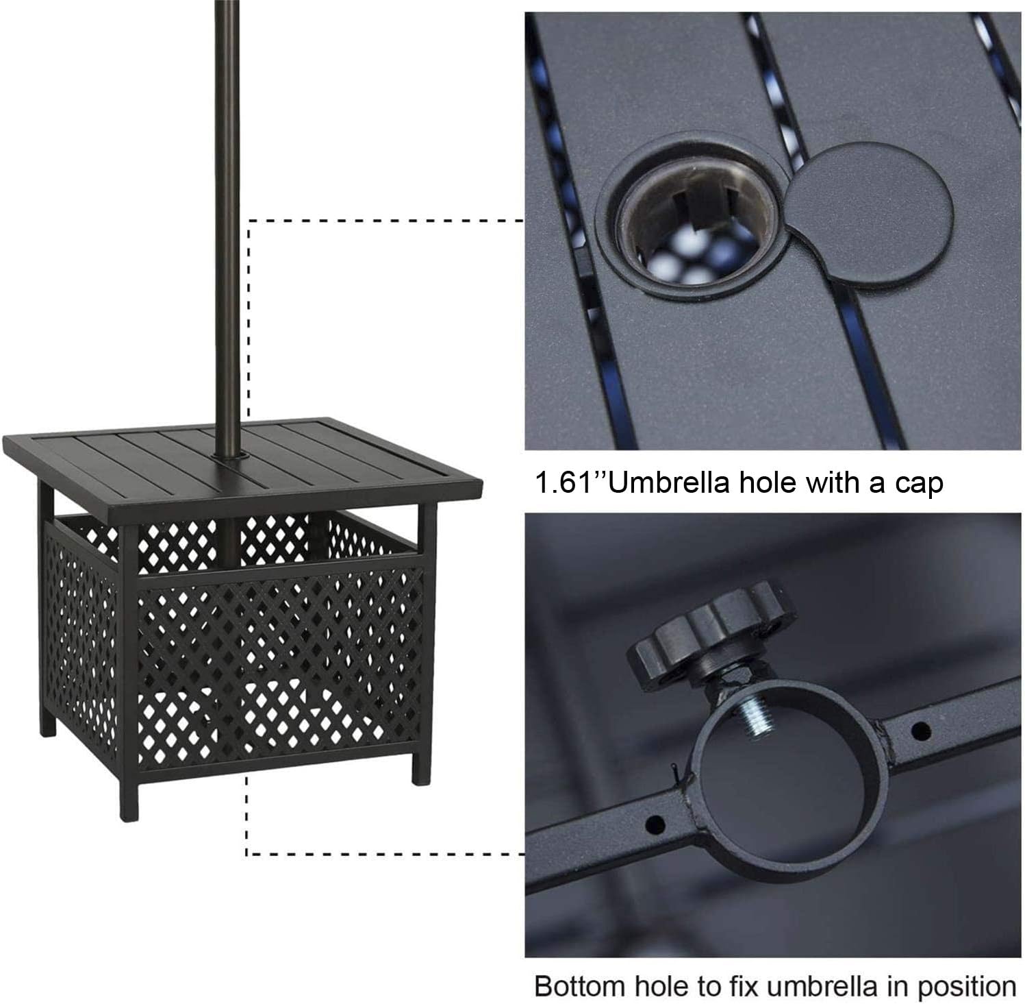 PatioFestival Outdoor Square Side Table Black Metal Frame Tables Patio Dining Bistro Table with Umbrella Hole Deck Garden Pool Furniture (22'' x 22")