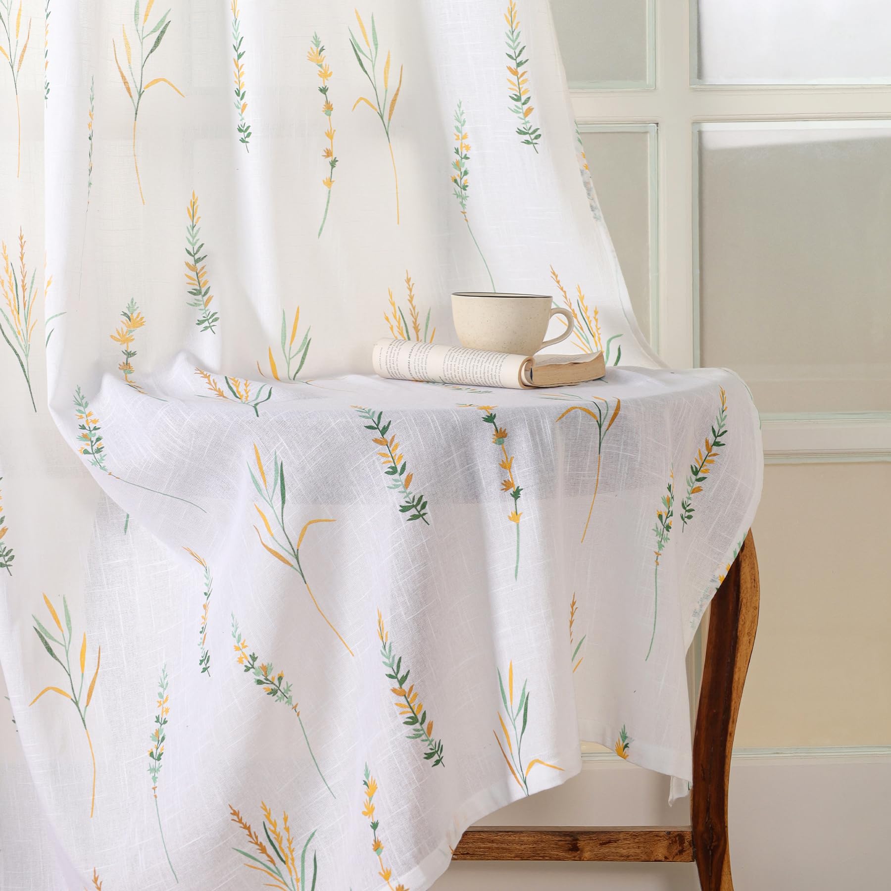HOMEMONDE Sheer Customize Feet Curtains Set of 2- Printed Sheer Light Filtering Curtain with Eyelets - (Yellow & Green)