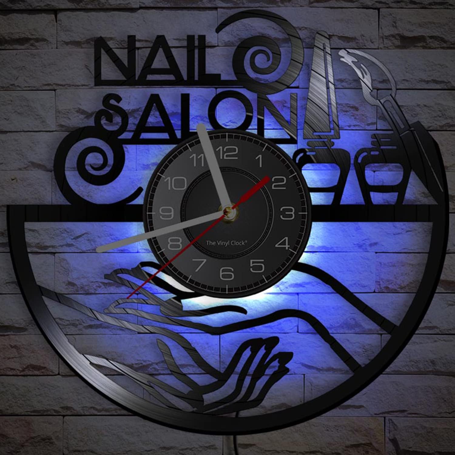 12'' Nail Salon LED Vinyl Record Wall Clock with 7 Colors Changing for Beauty Nail Salon Wall Decor, Decorative Window Sign Silent Quartz Hanging Night Light Wall Clock Watch Gift for Girls
