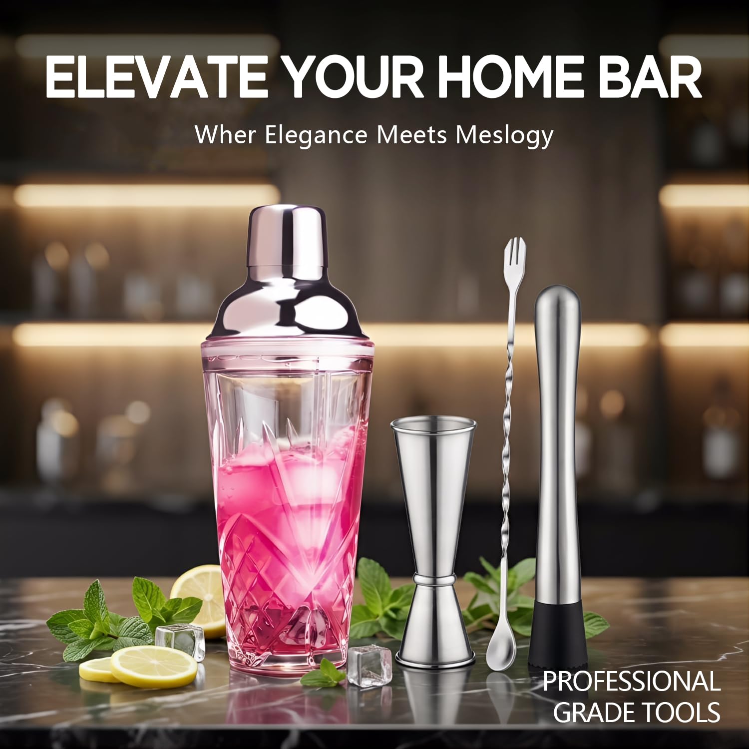 Set di shaker per cocktail, in vetro, set di shaker per cocktail, shaker per Martini con colino, per bar, whisky, cocktail (set argento)