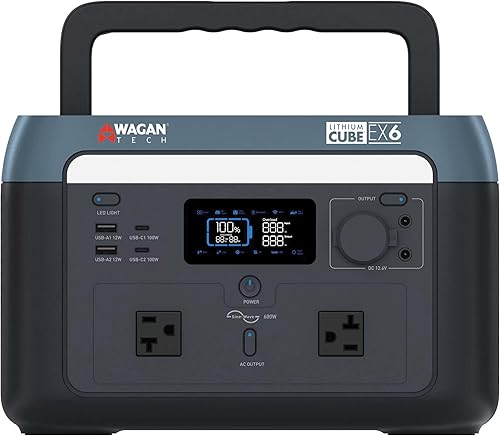 Wagan EL8838 - Estación de energía portátil de 600 W, generador solar de cubo de litio, batería LiFePO4 de 512 Wh, carga rápida, 600 W, 1000 W, pico