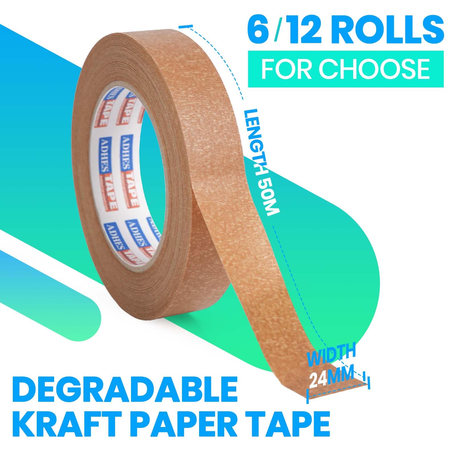 ADHES Adesivo 12 rotoli di nastro di carta kraft, 24mm x 50m nastro ecologico e completamente riciclabile per la del nastro di carta kraft