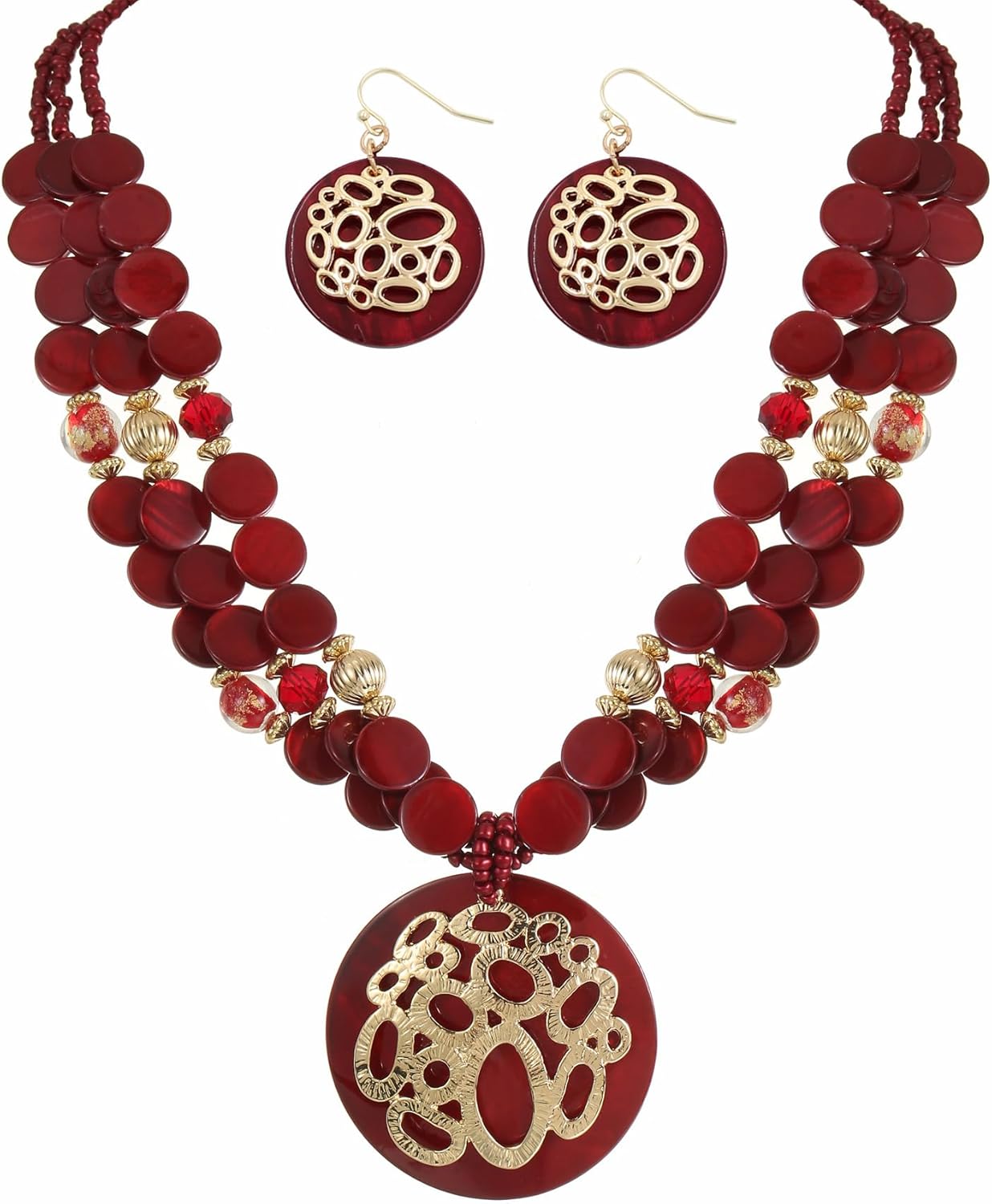 Gold/Silver plated Circle Metal Patterned Shell Pendant Necklace and Earrings Colorful Chunky Layered Shell Crystal Stone Beads Necklace Set for Women Leopard Print Brown Jewelry Set Gift