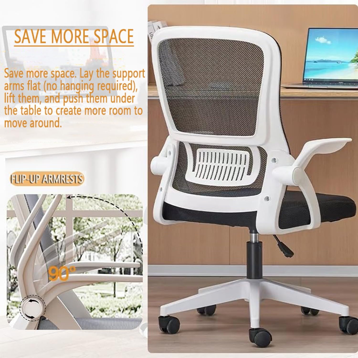 Silla Ergonómica Oficina Casa Malla Transpirable Respaldo Alto | Regulable en Altura, Función Giratoria, Reposabrazos Abatibles, Soporte Lumbar