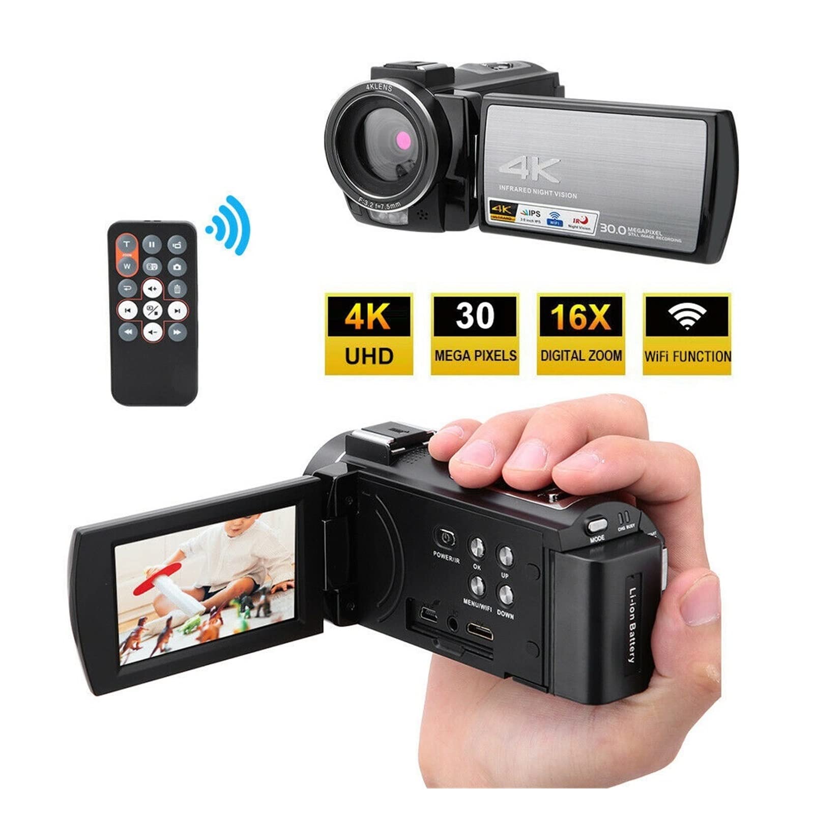 Videokamera, Videokamera 4K Digitaler Camcorder Full HD IR Nachtsicht für Blog Vlog