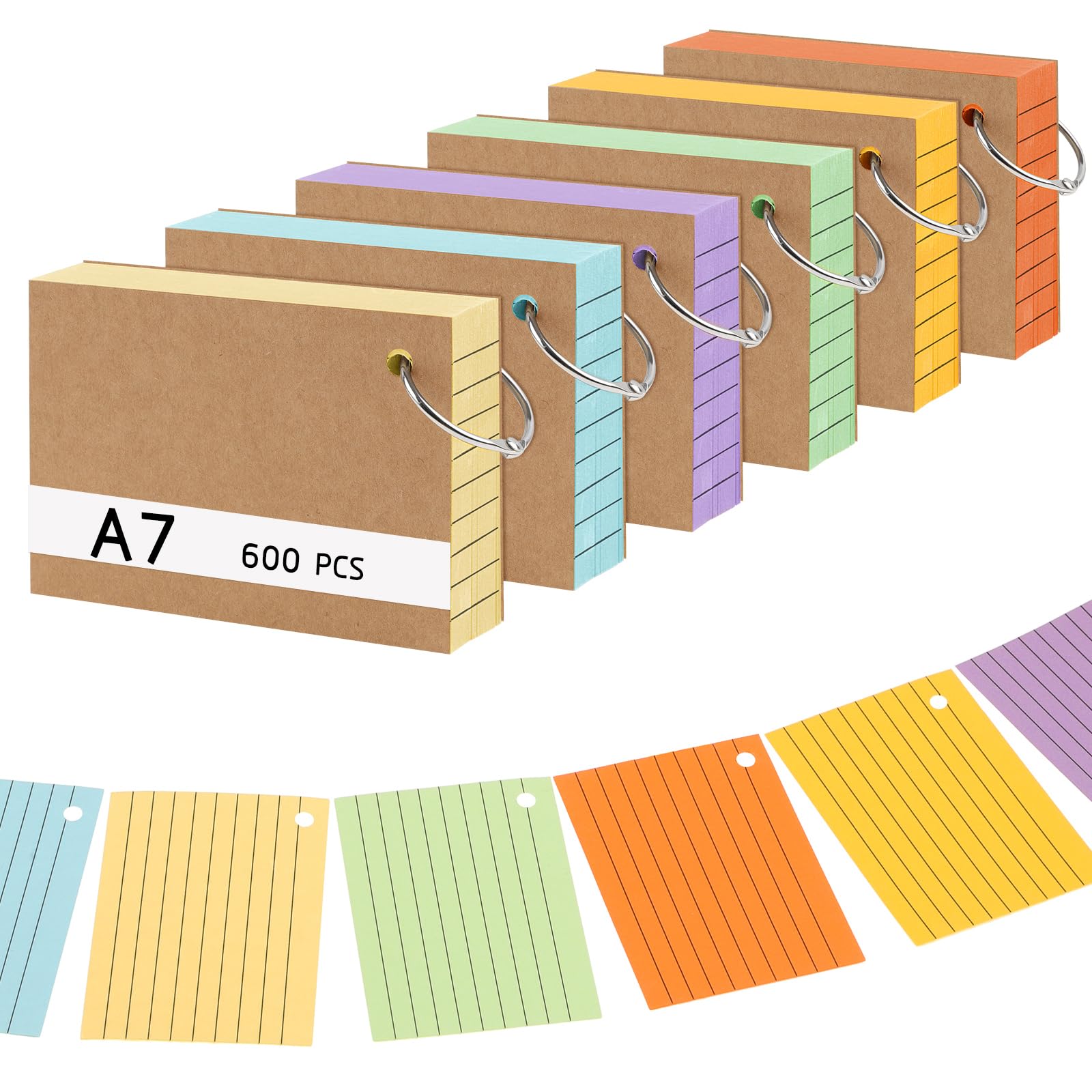 600 Stücke Karteikarten, A7 Liniert 150g/m² Lernkarten mit Krafteinband und Loseblattring Karteikarten Bunt in 6 Farben für Vokabel Lernen, Schule, Büro, Zuhause (10,5 x 7,4cm)