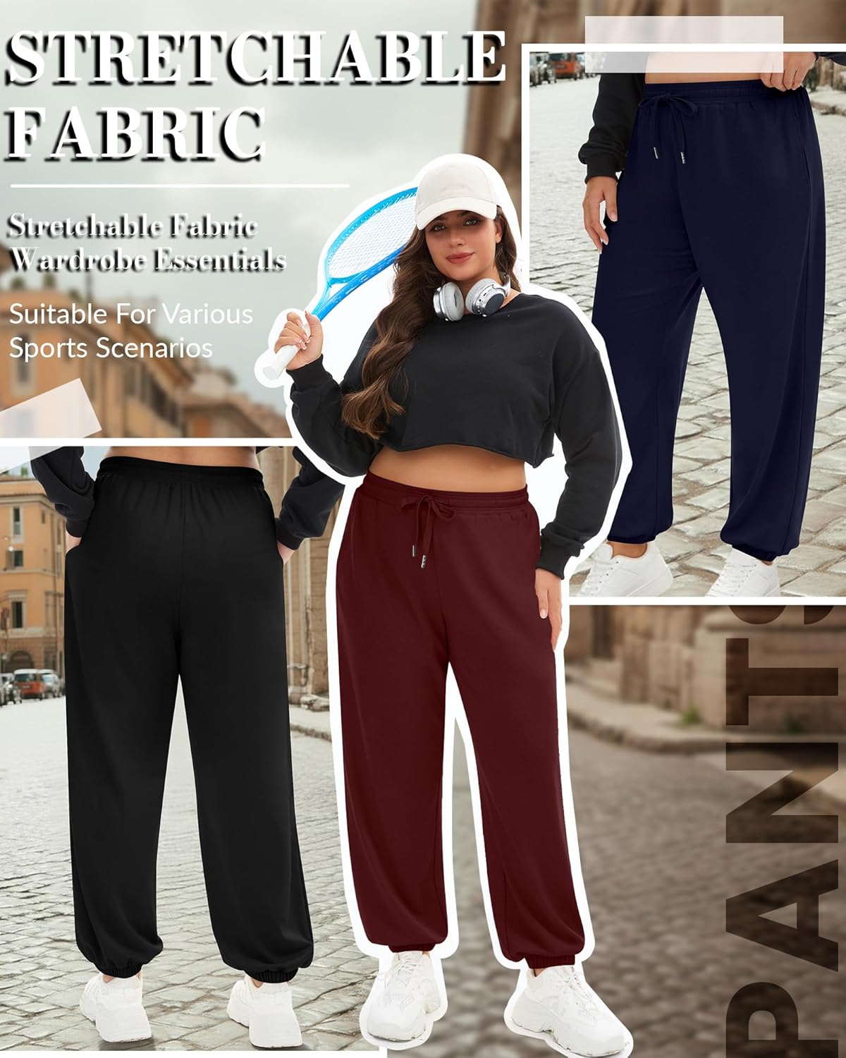 4 Pack Women's Plus Size Sweatpants, Drawstring Loose Fit Joggers Pants Comfy Casual Athletic Pants with Pockets - Image 5