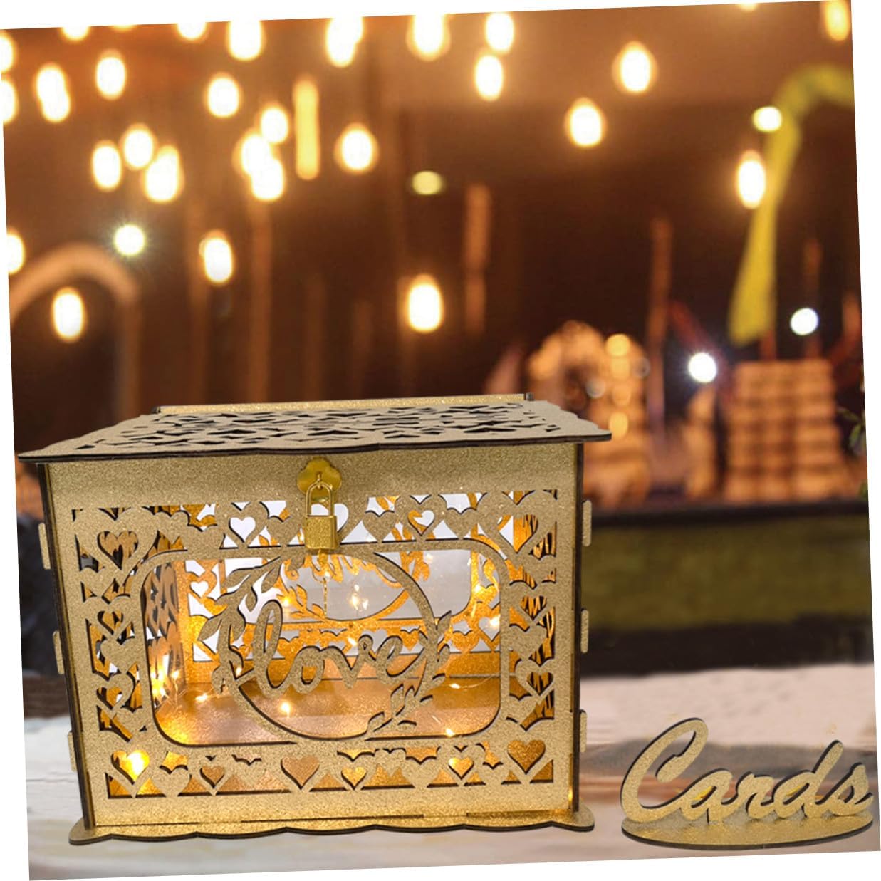 Hollow Wooden Card Box Glitter Design Wedding Blessing Storage Box Portable Wood Envelope Holder for Birthday, Anniversary, and Valentine’s Party Decorations