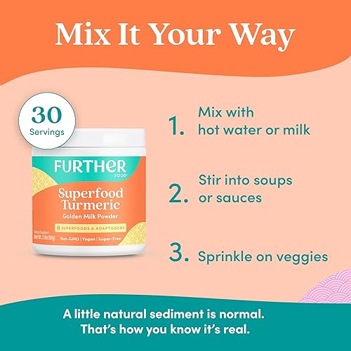 Miniatura 7 de Further Food Superfood - Polvo de raíz de cúrcuma – Máxima absorción, refuerzo inmunológico natural, mezcla de leche dorada, sin azúcar, keto,