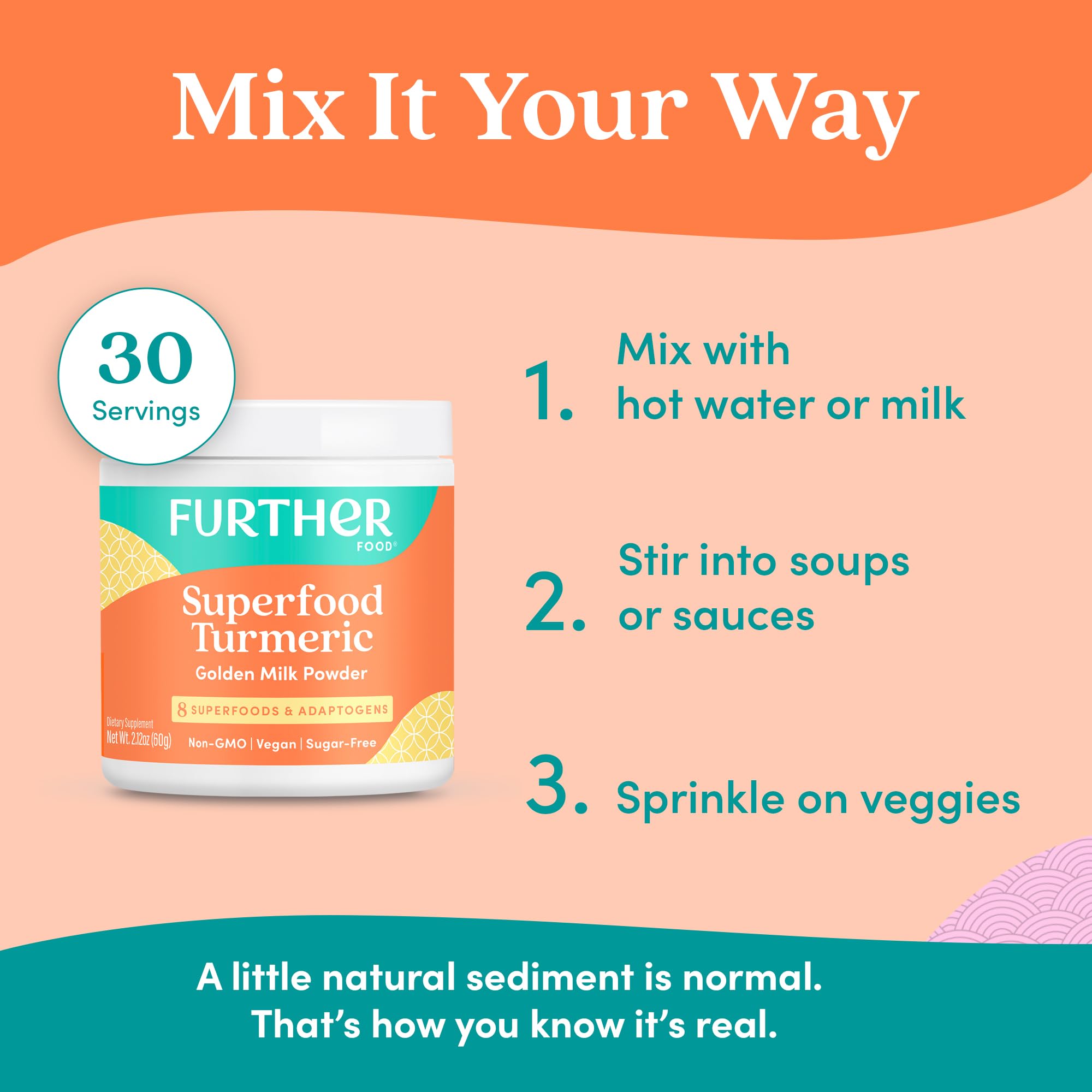 Further Food Superfood Turmeric Root Powder - Maximum Absorption, Natural Immune Booster, Golden Milk Blend, Sugar Free, Keto, Vegan, Non-GMO, 2.12 Oz