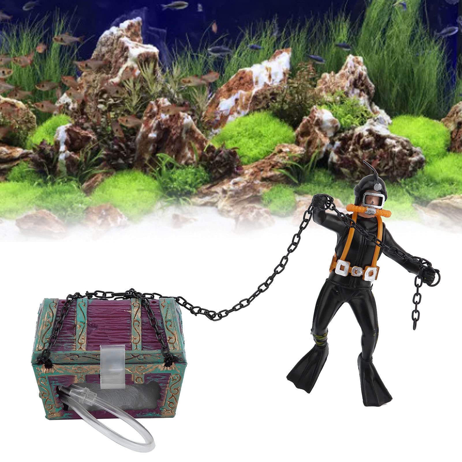 Acuario Cofre del Tesoro Pecera Decoración de Burbujas de Aire Adorno de Acuario Acción Buzo Submarino Decoraciones para peceras Adornos
