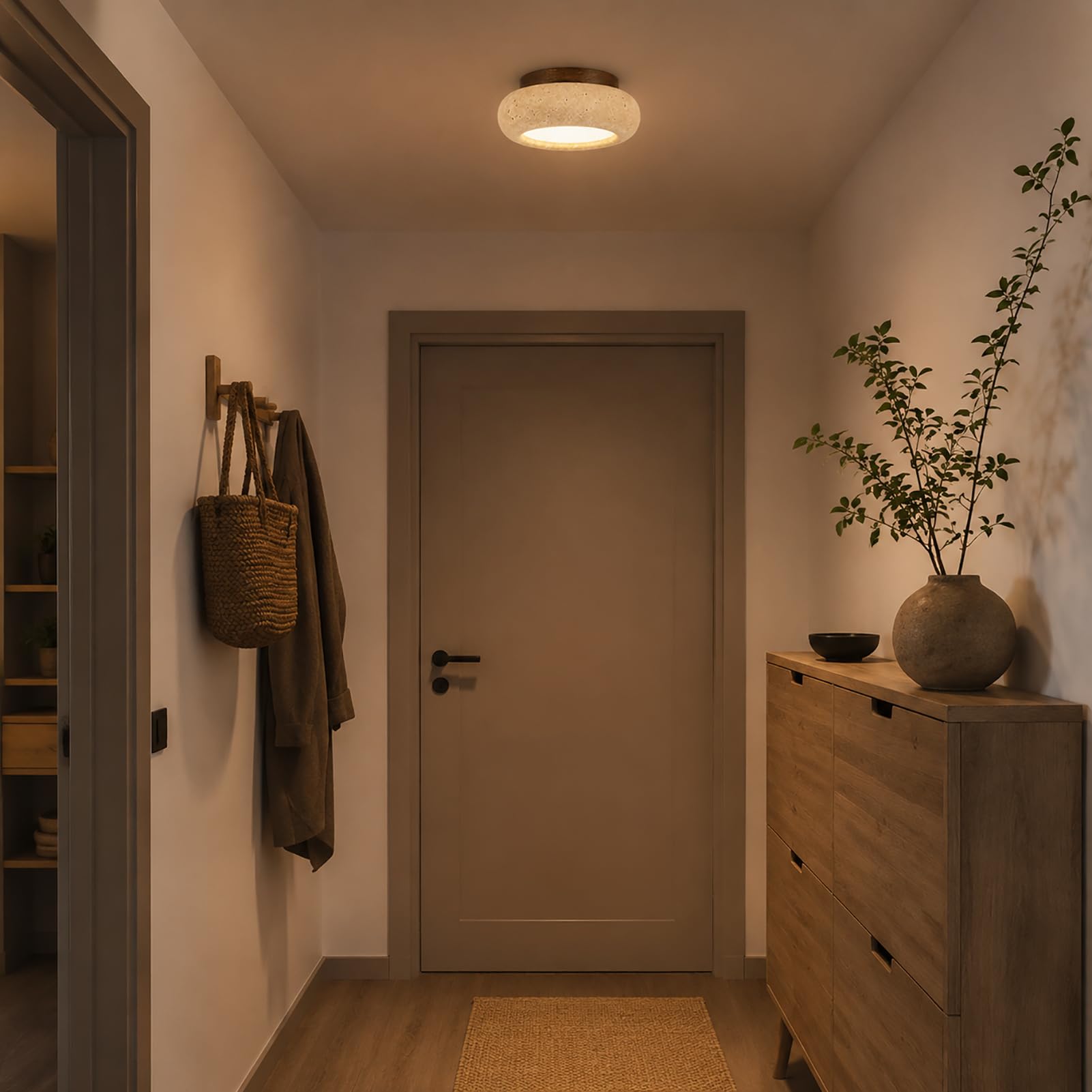 Plafoniera in Travertino Wabi Sabi, Lampada Japandi in Pietra e Legno