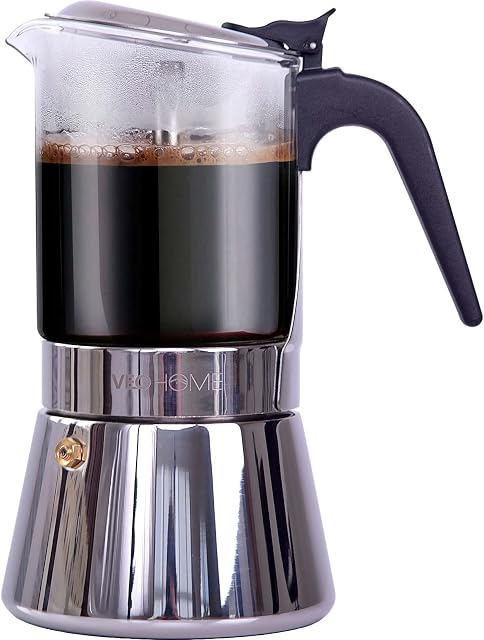 VeoHome Stovetop espresso maker Glass and Stainless Steel Moka pot Coffee Maker 360 ml - Cafetera italiana - Induction, Gas, Ceramic Espresso Style - Unbreakable, Safe and Dishwasher Safe