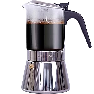 Cafetera Italiana Transparente de Vidrio y Acero Inoxidable – 6 Tazas/360ml – Cocina Inducción, Vitrocerámica y Gas – Cafetera Moka Resistente y Apta para Lavavajillas