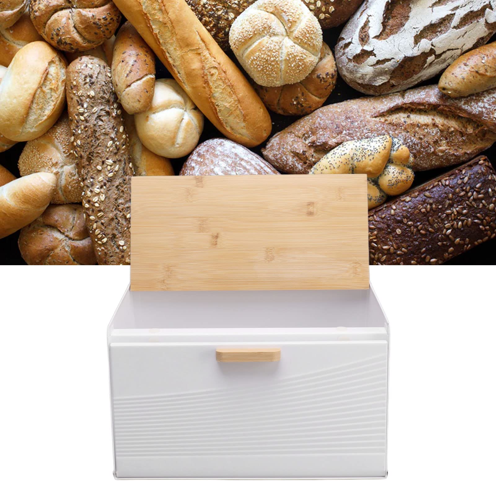 Caja de pan de hierro gran capacidad con flip tapa de almacenamiento de pan para restaurantes de cocina casa (Blanco)