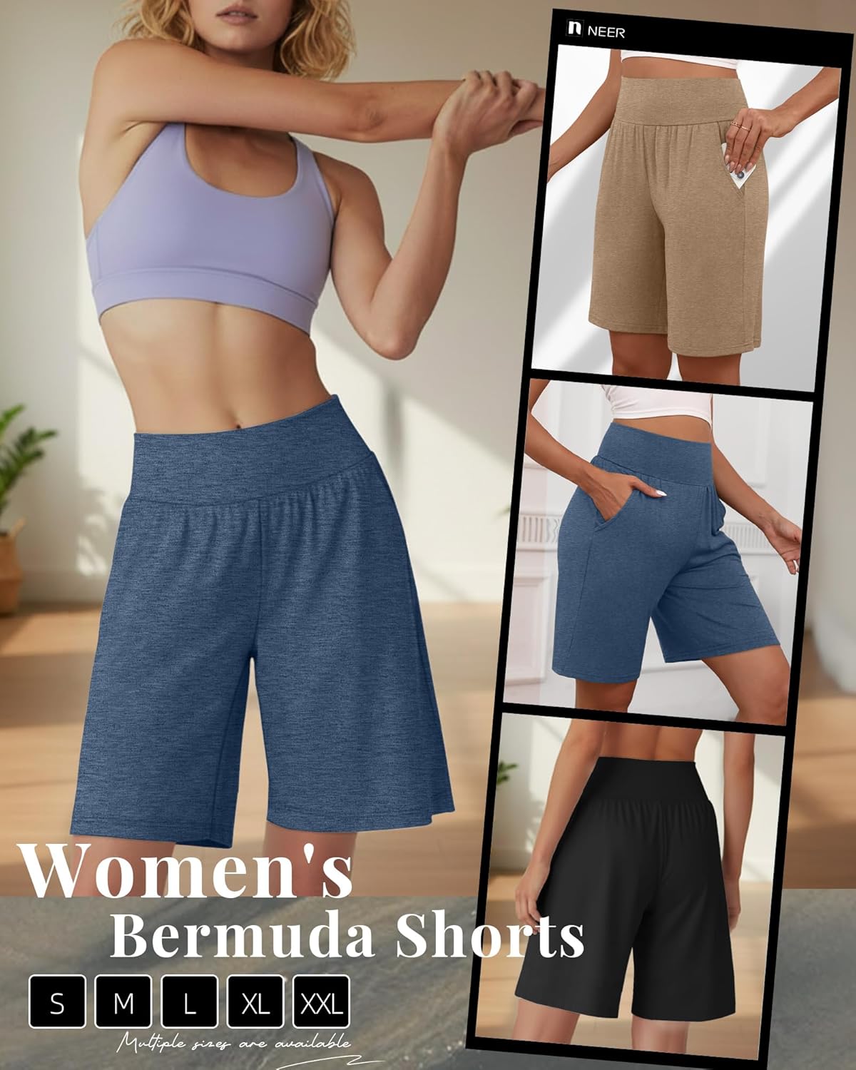Neer 3 Pack Women's Bermuda Shorts, High Waist Basic Stretch Casual Bottoms Knee Length Summer Athletic Short with Pockets - Image 6