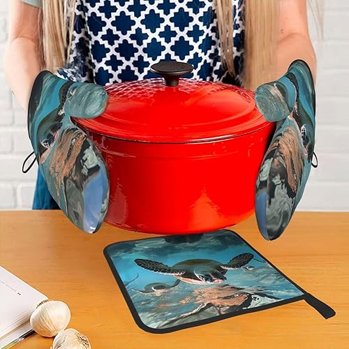 Miniatura 5 de Juego de manoplas de horno y soportes para ollas con estampado de tortugas marinas, resistentes al calor, antideslizantes, guantes de cocina, 3