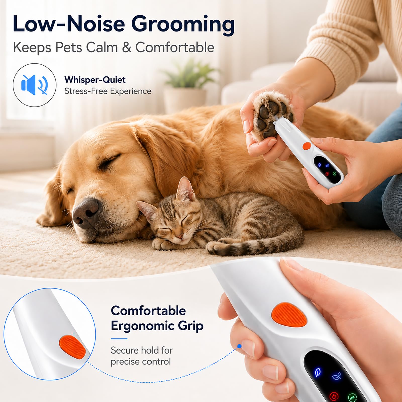Hunde & Katzen Pfotenhaarschneider, 2 Modus Elektrisch Leise Wiederaufladbare Schermaschine mit LED-Licht & 2 Breite Klingen (2cm), Wasserdicht für Pfoten, Ohren, Gesicht, Rump