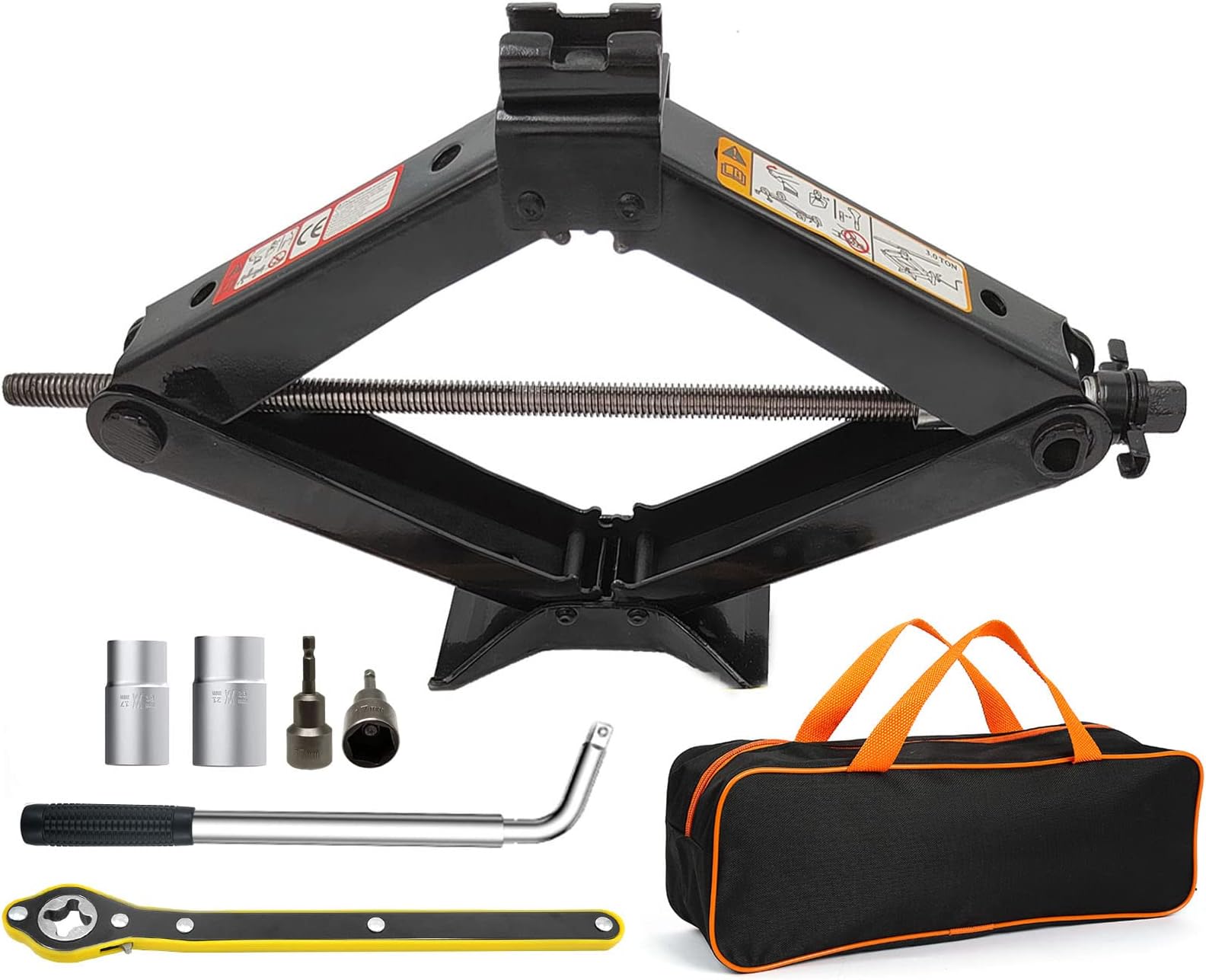 CFYUSEU Scissor Lift Jack Max 3 Ton Capacity with Jack Socket Drill Adapter, Lifting Jack Car Kit with Wrench/Lug Wrench for Car SUV MPV, Black, QJD-3-1