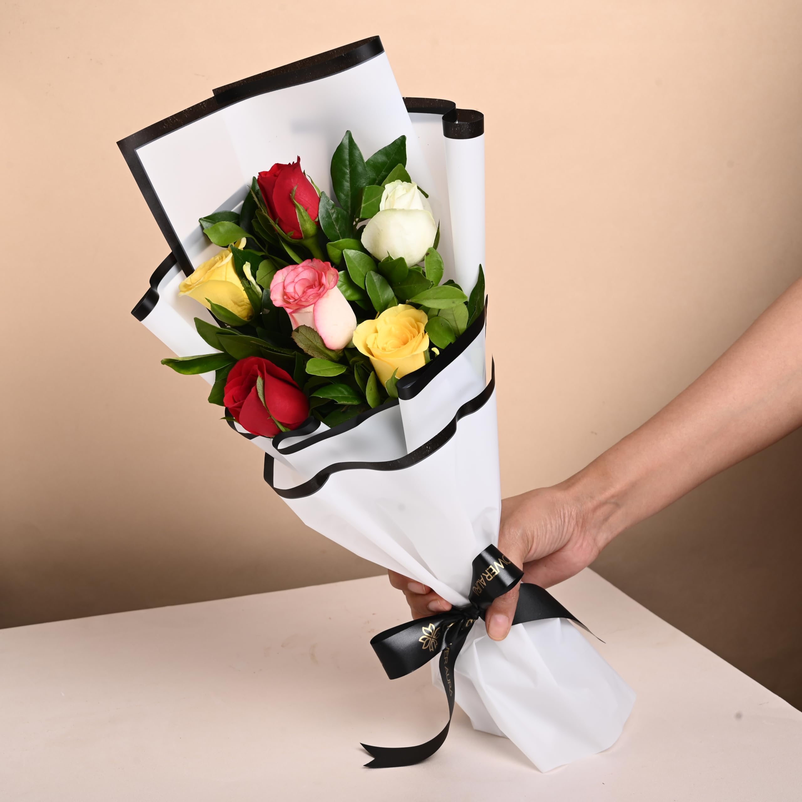 FlowerAura Fresh Live Flower Bouquet of 6 Mix Roses In Premium Paper For Birthday & Anniversary Gift, Wedding Gift, Mother's Day Gift, Love & Romance Gift, Father's Day Gift (Same Day Delivery)