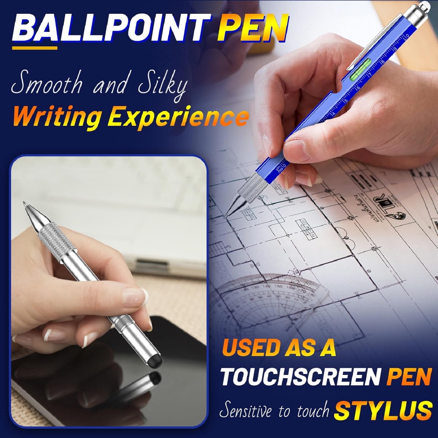 A hand holding the multi-tool pen, demonstrating its use as a ballpoint pen and stylus.