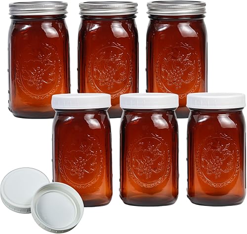 Jumterlee Paquete de 6 tarros de 32 onzas, tarros de boca ancha con tapas y bandas y 6 tapas de plástico blanco, tarros de vidrio ámbar