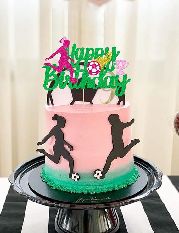 Soccer Cake Topper for Girls Pink Soccer Happy Birthday Cake Toppers Decorations Glitter Girl Soccer Theme Birthday Party Supplies