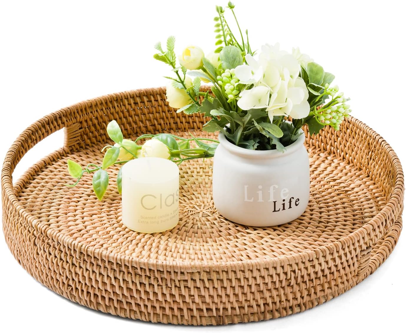 Round Basket Tray 14 Inch Circle Rattan Serving Tray Decorative Farmhouse Woven Wicker Bohemian