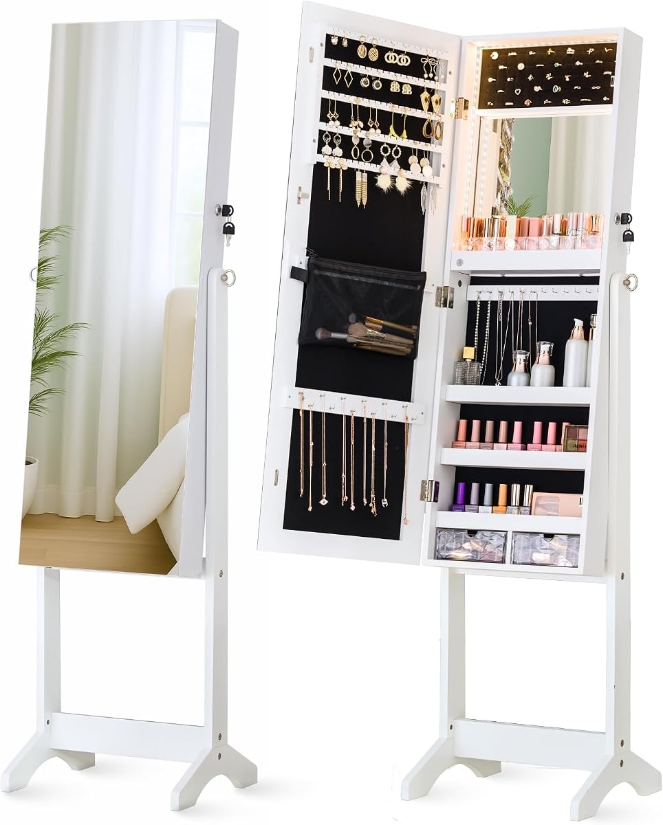 LUXFURNI Armario de joyería de pie de longitud completa con espejo de almacenamiento | Espejo de maquillaje LED incorporado, 3 ángulos de inclinación, tiempo de funcionamiento de 48 horas con 6 pilas AA, bandeja acrílica para lápiz labial, madera diseñada para dormitorio