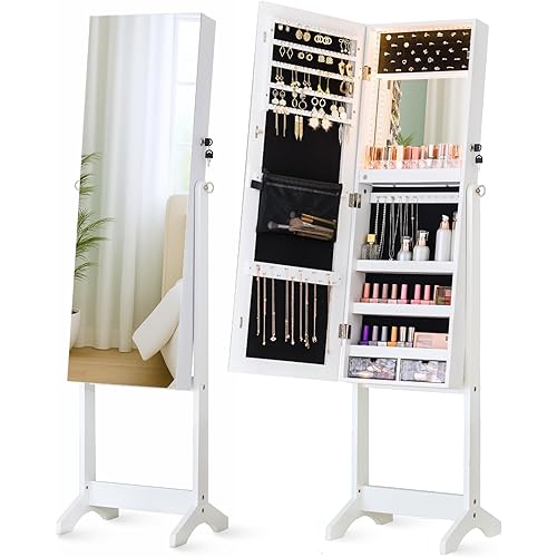 LUXFURNI LED Light Mirror Jewelry Cabinet Standing Jewelry Armoire, 60" Full Length Mirror with Storage, Built-in Makeup Mirror, 3 Adjustable Angles, Lockable Jewelry Mirror Organizer, White