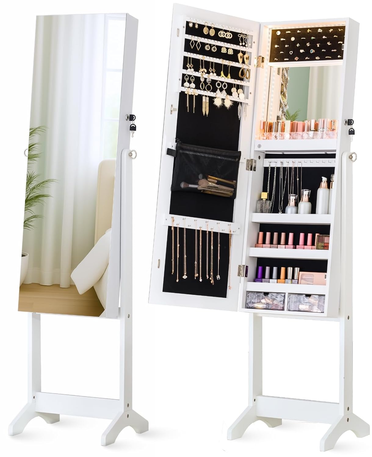 LUXFURNI LED Light Mirror Jewelry Cabinet Standing Jewelry Armoire 60 Full Length Mirror with Storage Built-in Makeup Mirror