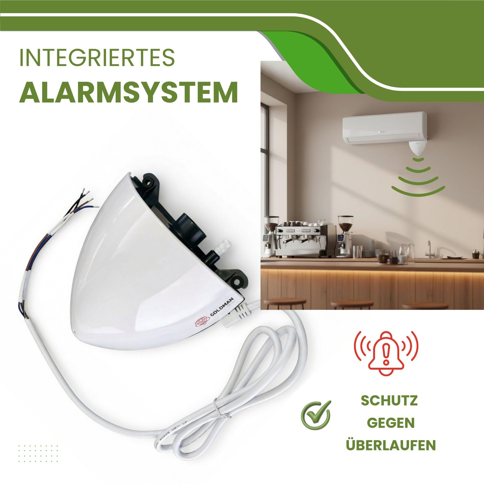 GOLDMAN SERVICE Kondensatpumpe für die Wand, 20 m Erhöhung, Split-Abflusspumpe, sehr leise, 17 dB, integriertes Alarmsystem, 5 W, geringer Stromverbrauch