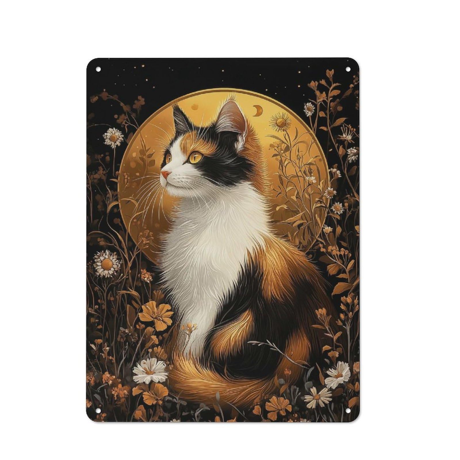 Junmoney Style-23 Calico Cat In Floral Golden Aura Rustic Metal Sign 40X30cm For Garden Room Or Summerhouse, For Themed Interiors In Garden Rooms And Summerhouses