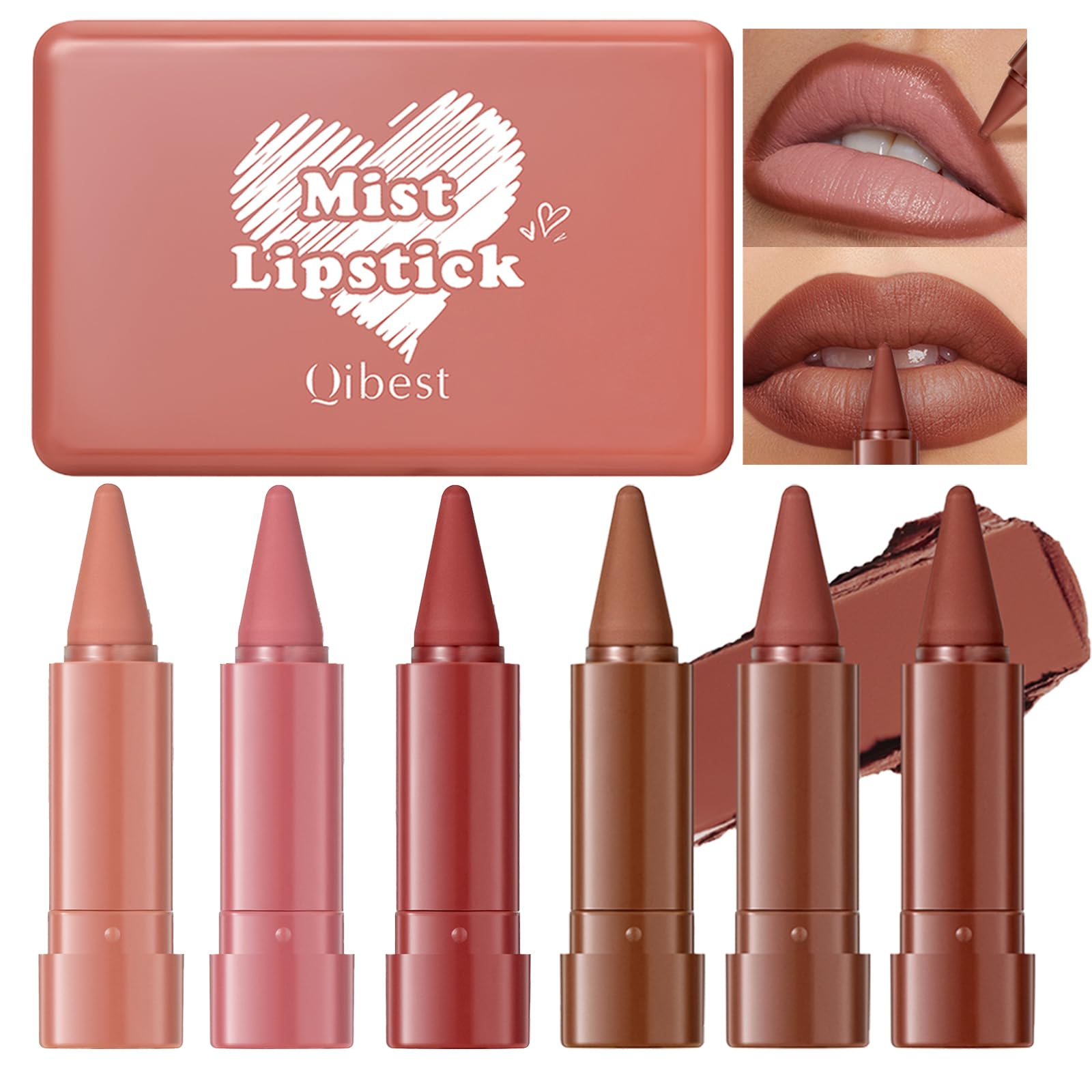 6 Pcs Gradient Lip Liner & Lipstick Set, 2-in-1 Ombre Red Brown Lip Liner Pencil, Matte Nude Velvet lipLiner for Women Long Lasting Waterproof Smudge Proof Lipstick Pencil