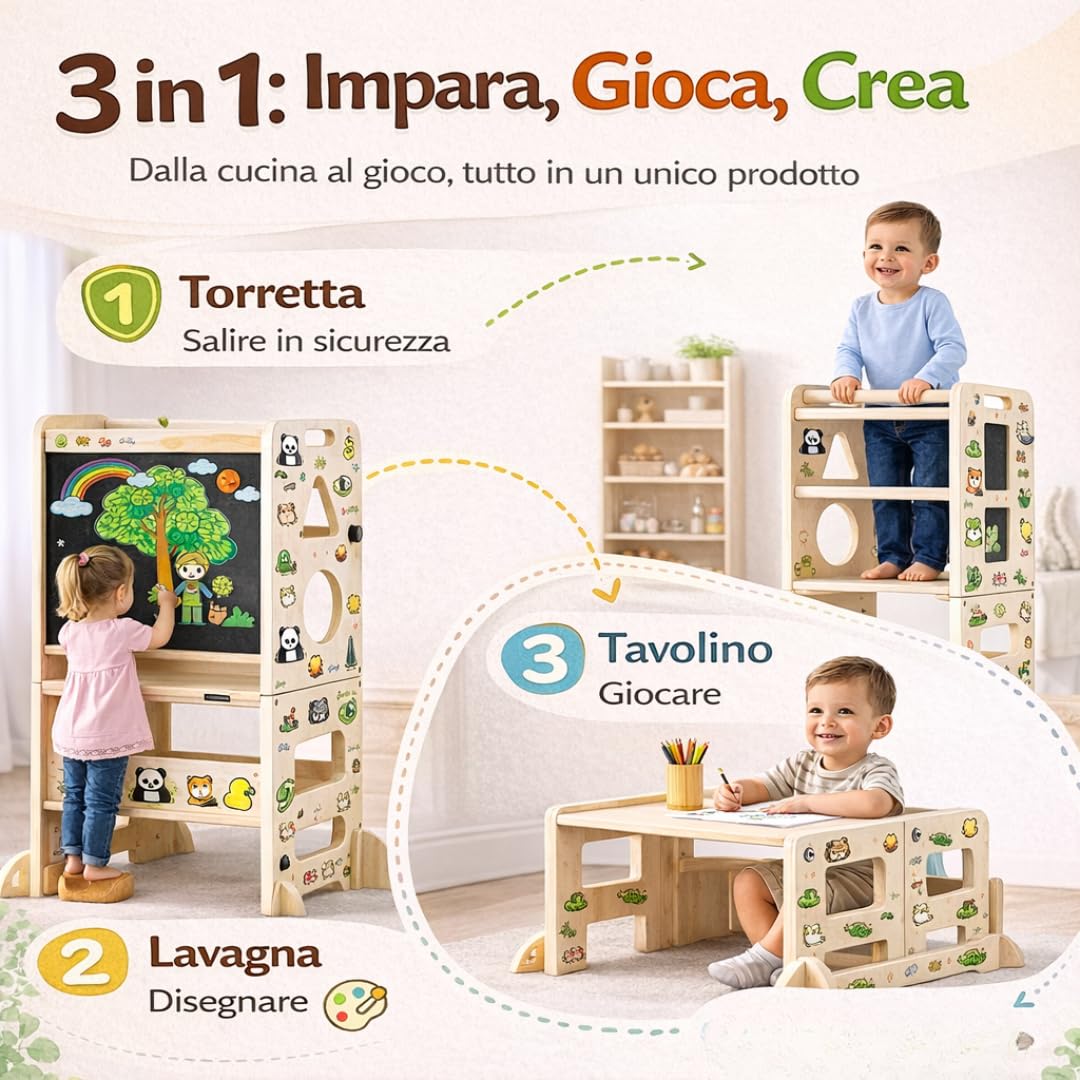 Torre Montessoriana Pieghevole 3 in 1 in Legno - Scala Montessori Stabile e Antiscivolo, Lavagna e Tavolino per Bambini di 18 Mesi per Stimolare Autonomia e Creatività (120 Adesivi Inclusi) - 2