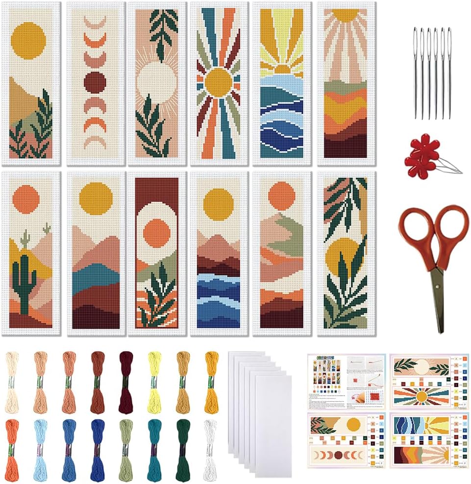 FREEBLOSS 12 Set Cross Stitch Bookmark Kit 11 CT Stamped Cross Stitch Kit DIY Embroidery Bookmark Kits for Adult Beginners with Instructions 6 x 20 cm/8" x 2.4", Bohemian Sunlight Pattern
