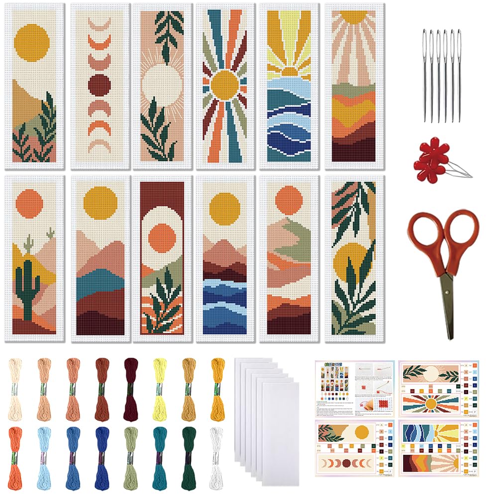 FREEBLOSS 12 Set Cross Stitch Bookmark Kit 11 CT Stamped Cross Stitch Kit DIY Embroidery Bookmark Kits for Adult Beginners with Instructions 6 x 20 cm/8" x 2.4", Bohemian Sunlight Pattern