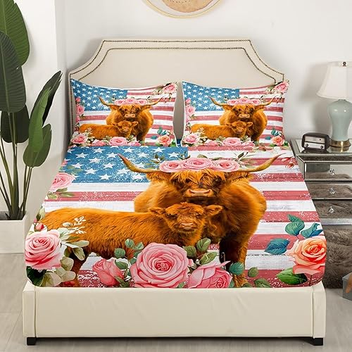 Miniatura 3 de Manfei Highland Cattle - Juego de sábanas de tamaño matrimonial, juego de sábanas de flores rosas rosas de 4 piezas con sábana bajera de bolsillo