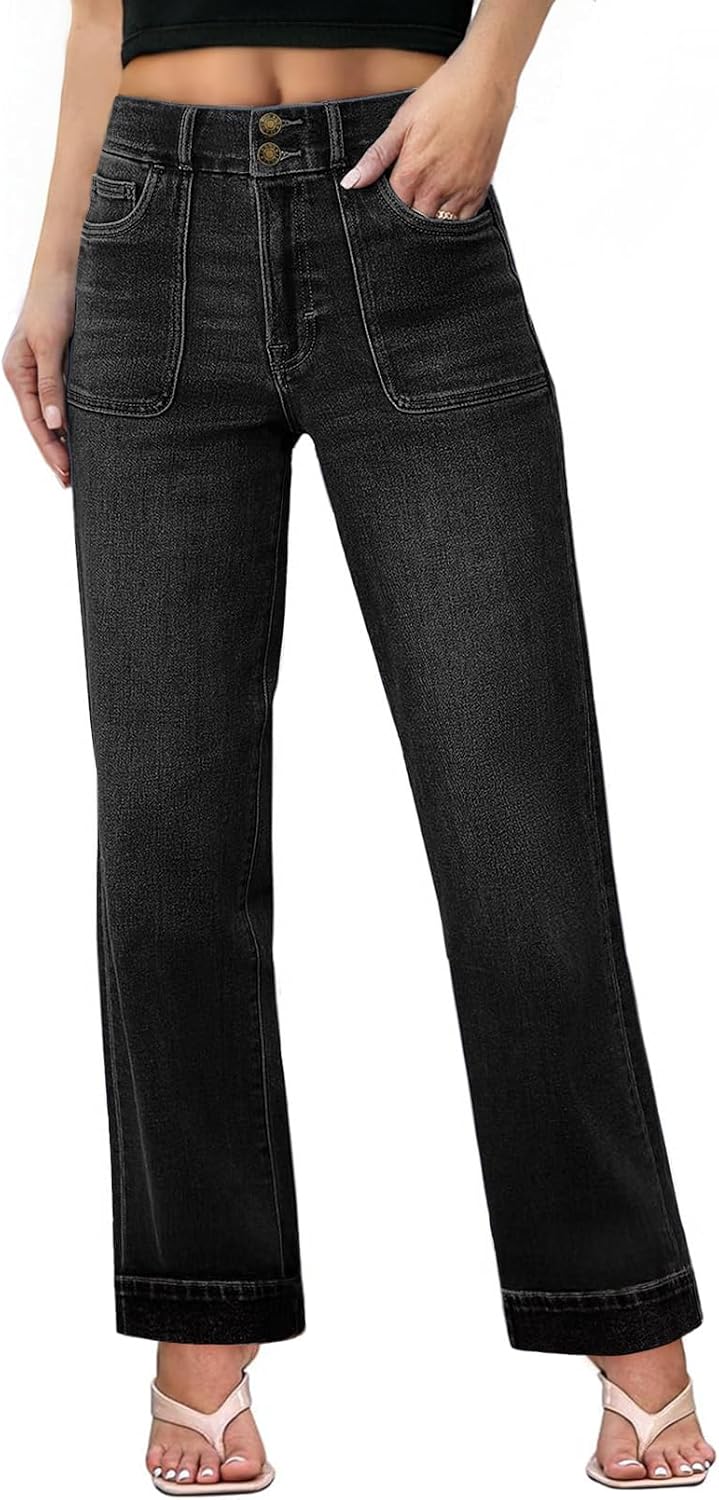 Sidefeel Women's Wide Leg Jeans High Waisted Stretchy Tummy Control Straight Leg Denim Pants