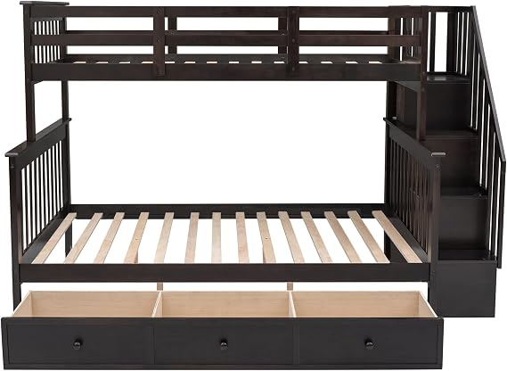 MERITLINE Bunk Bed Twin Over Full with Storage Drawers and Stairs, Solid Wood Bunk Bed with Safety Guardrails for Kids Teens Adults, Detachable Bunk Beds (Espresso)