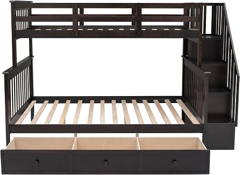 MERITLINE Bunk Bed Twin Over Full with Storage Drawers and Stairs, Solid Wood Bunk Bed with Safety Guardrails for Kids Teens Adults, Detachable Bunk Beds (Espresso)