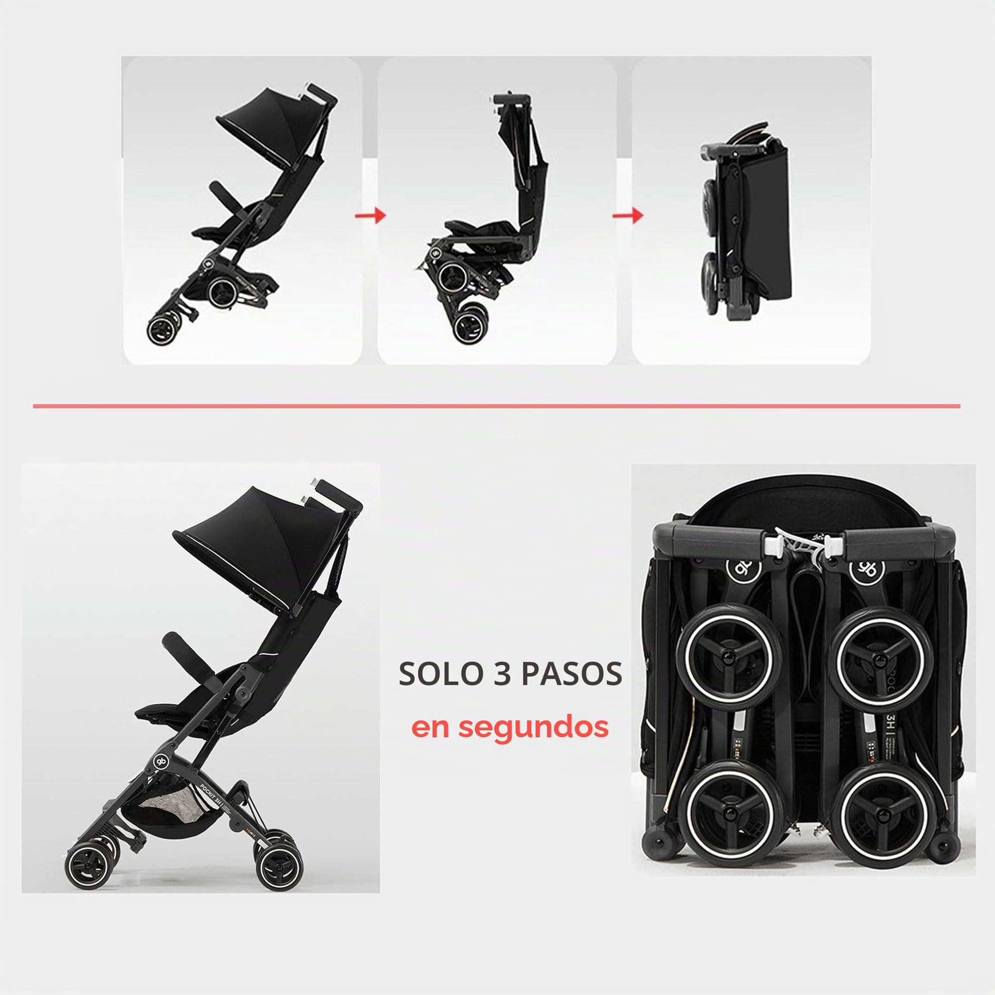 gb Pockit+ - Cochecito de bebé ligero POCKIT 3H todo terreno, 6-36 meses, plegado en un segundo, marco de aleación aeroespacial, asiento ajustable, compacto y fácil de viajar, 5.9 kg, negro y dorado