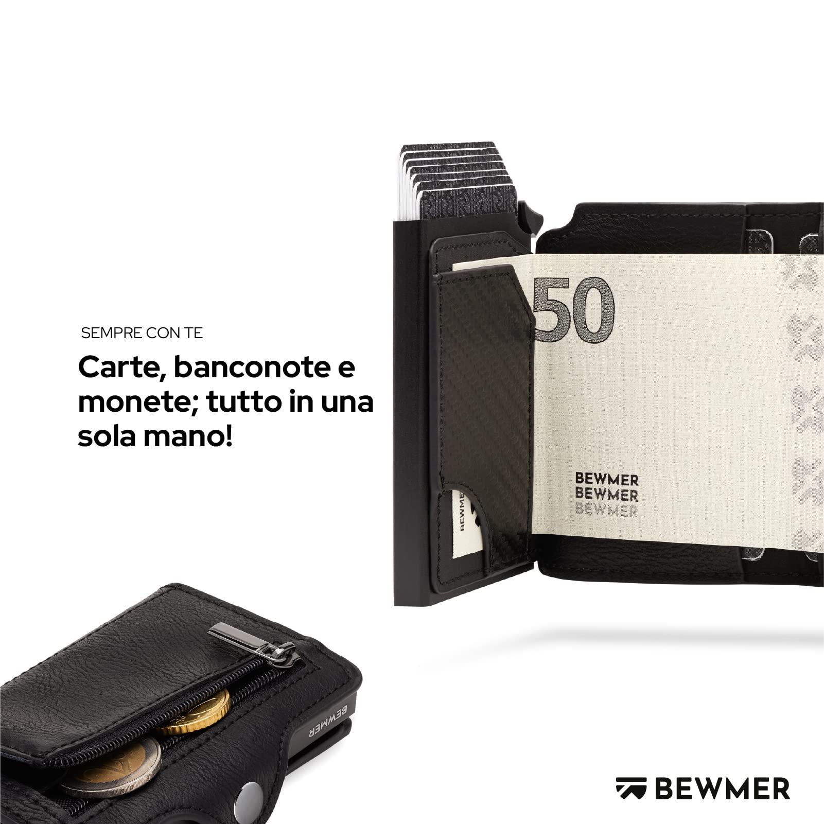 BEWMER Porta Carte di Credito 1 ZIP Schermato | Portafoglio Slim da Uomo e Donna | Porta Tessere e Documenti con Rfid Protection e Fermasoldi in Carbon Fiber (Nero con Zip)