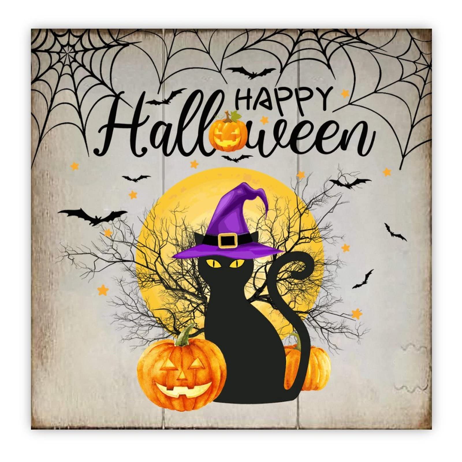 in legno con zucca di Halloween, decorazione da parete con gatto nero incandescente – cartello per Halloween porta parete decorazione per interni ed esterni